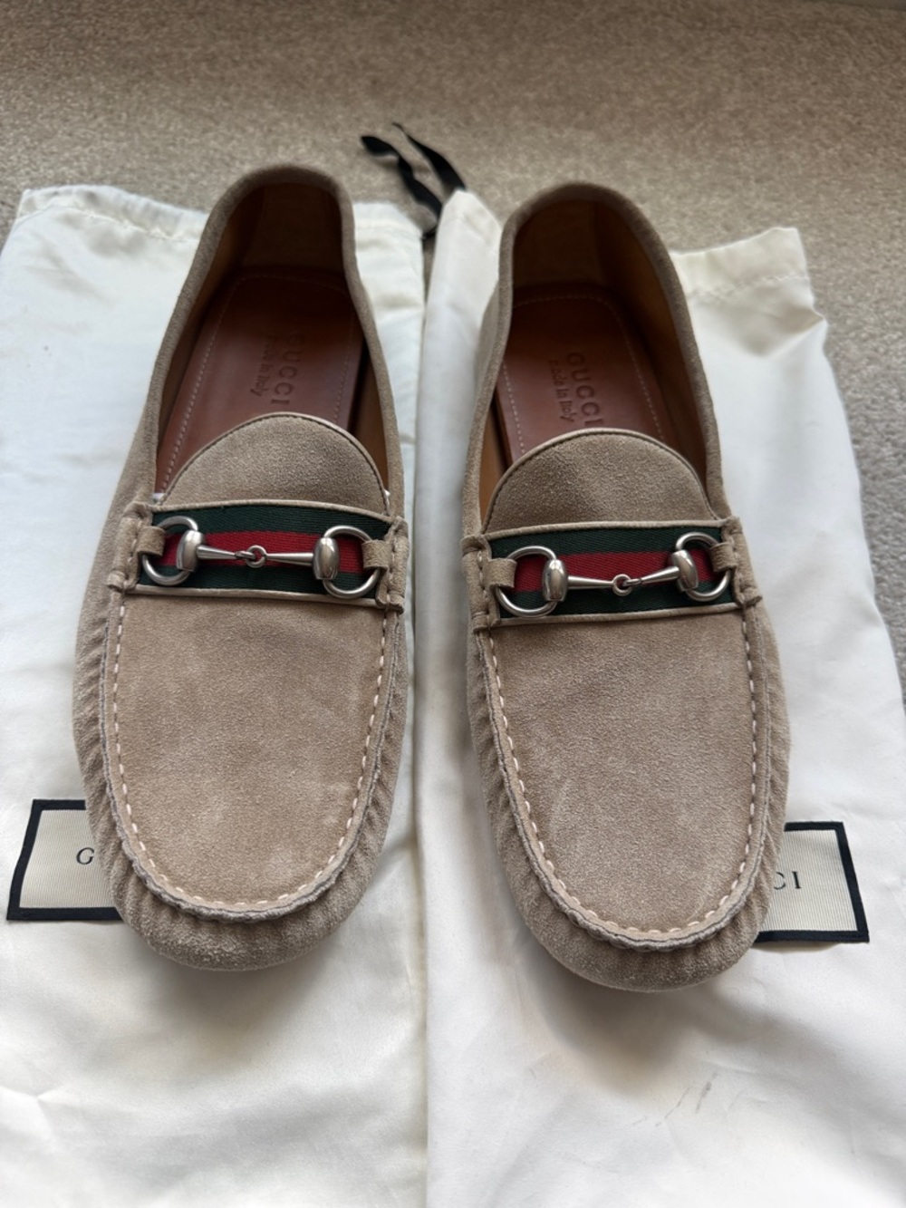 Gucci Beige Suede Men’s Horsebit Loafers size 12
